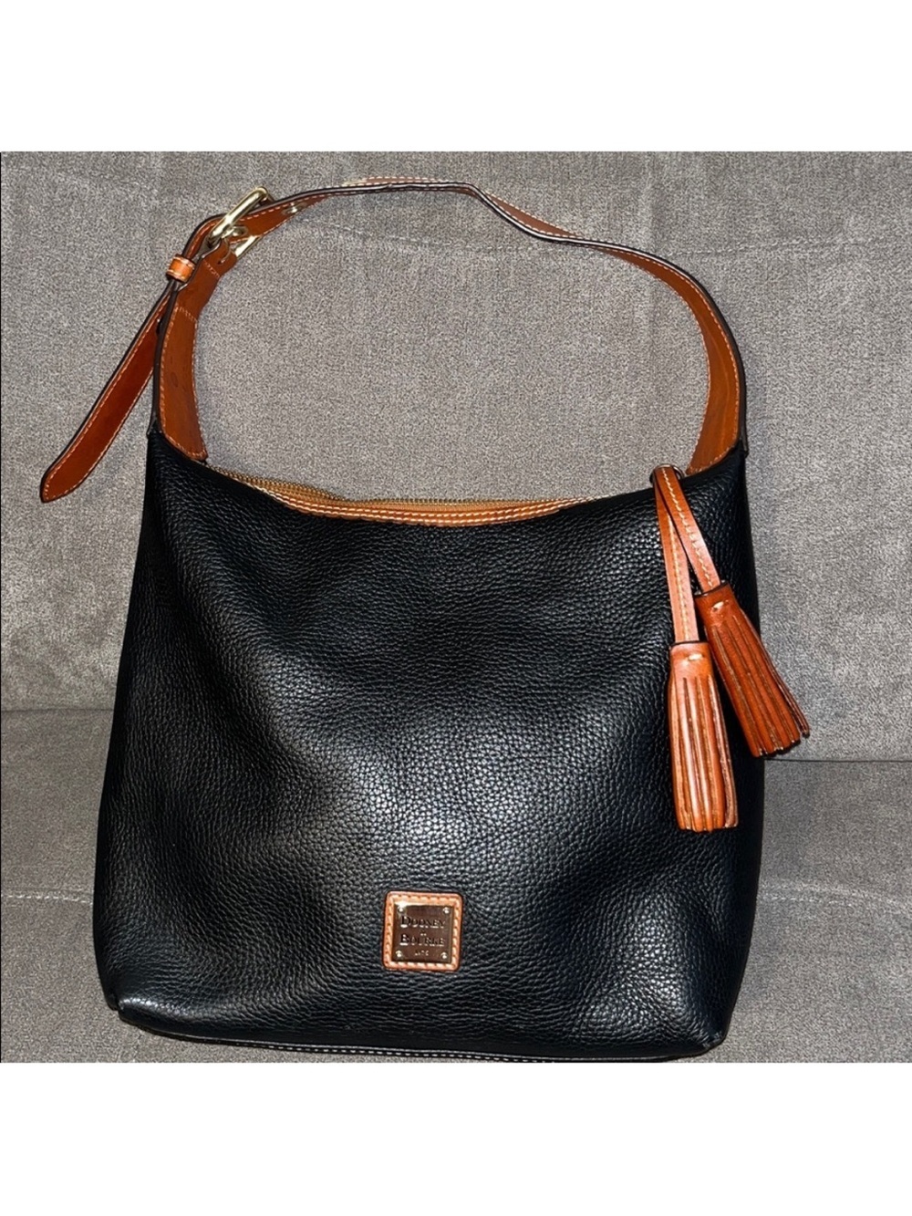 Dooney & Bourke Black Shoulder Hobo with Brown Trim and Tassel - Picture 2 of 14